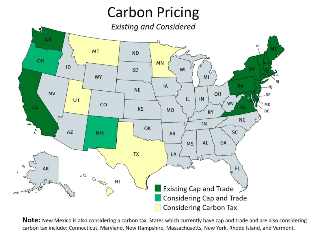 State-wise status of carbon cap & trade and carbon tax, both existing and being considered in the US