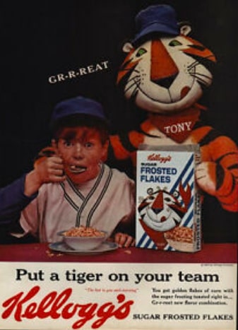 Popular Tony the Tiger Sugar Frosted Flakes baseball ad from 1962