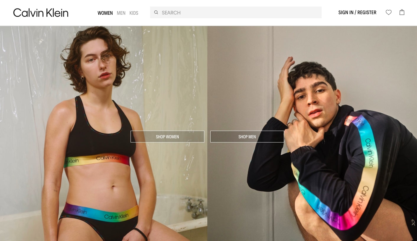 Calvin Klein’s website showcases a full-width double hero image stitch-up of two models in striking CK wear to stop viewers in track