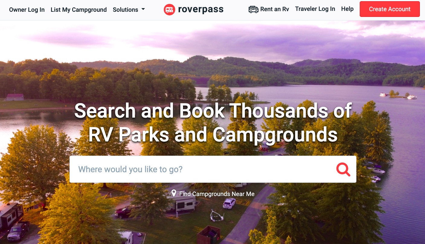 Campground search and booking agent RoverPass has a very well-balanced hero image design