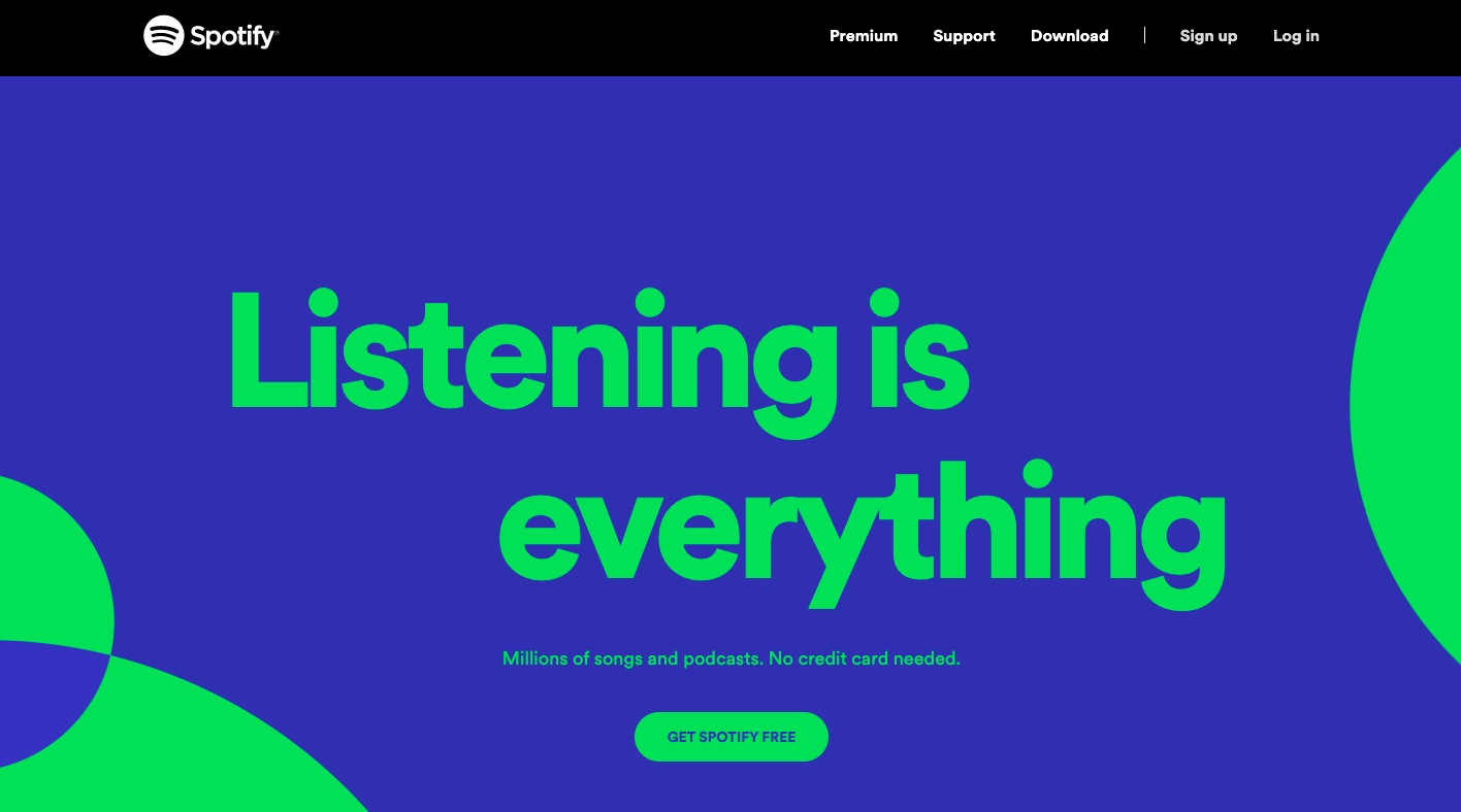 Spotify’s landing page shows great collaboration between hero image and CTA